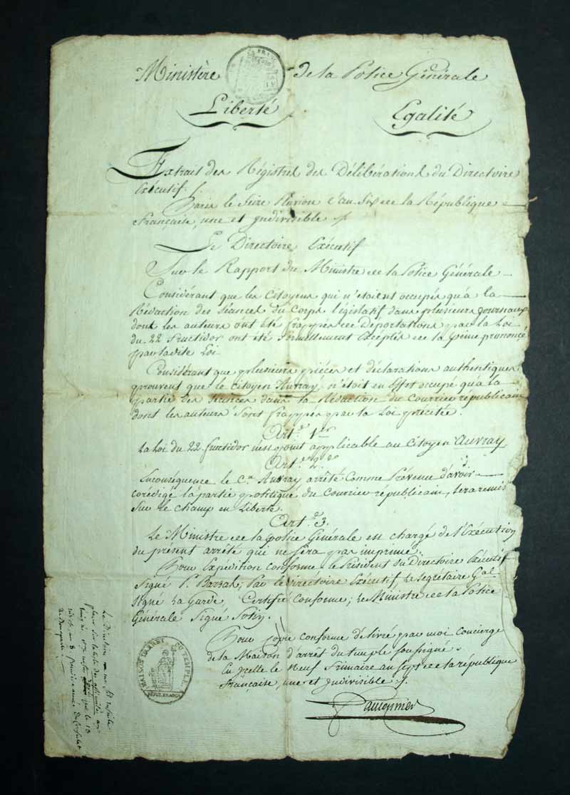 Handwritten letter from the Ministry of General Police, French Revolution 