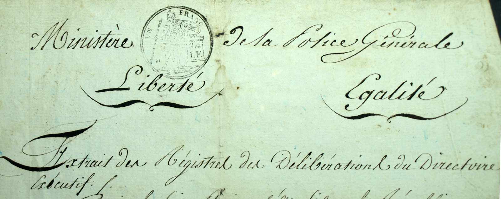 Handwritten letter from the Ministry of General Police, French Revolution 