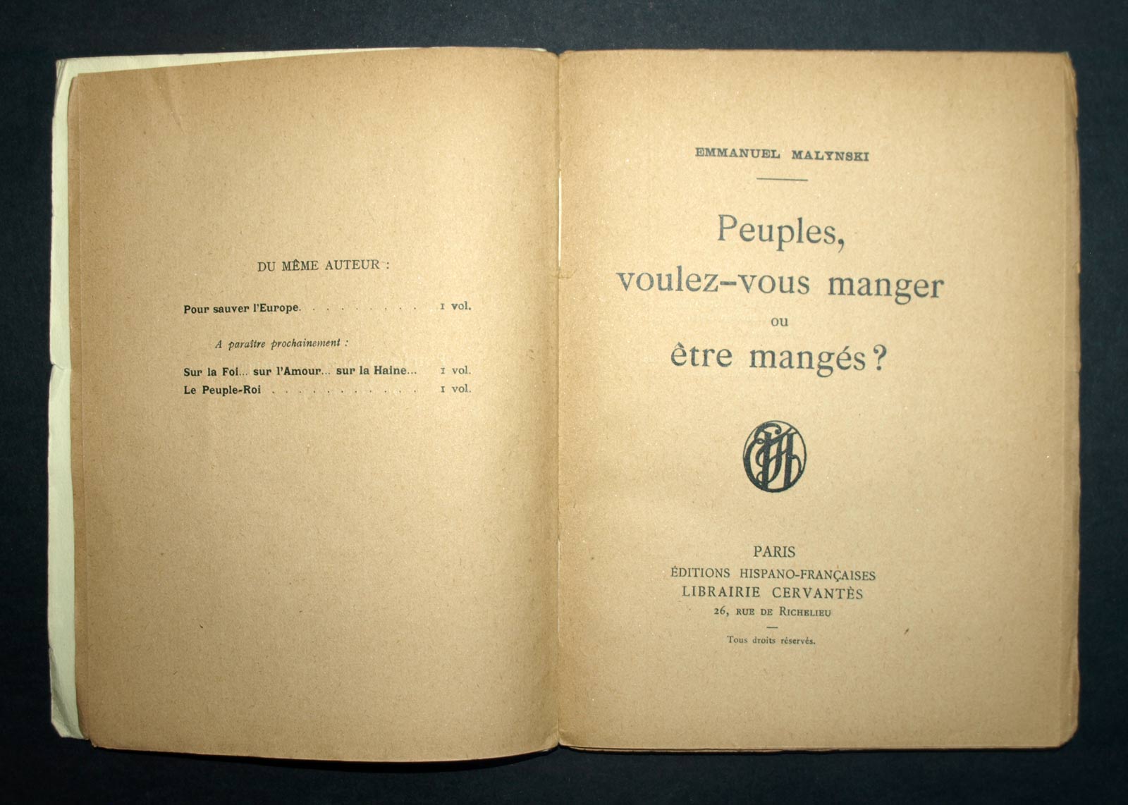 PEOPLES, WANT TO EAT OR BE EATEN Emmanuel Malynski 1923 EO 