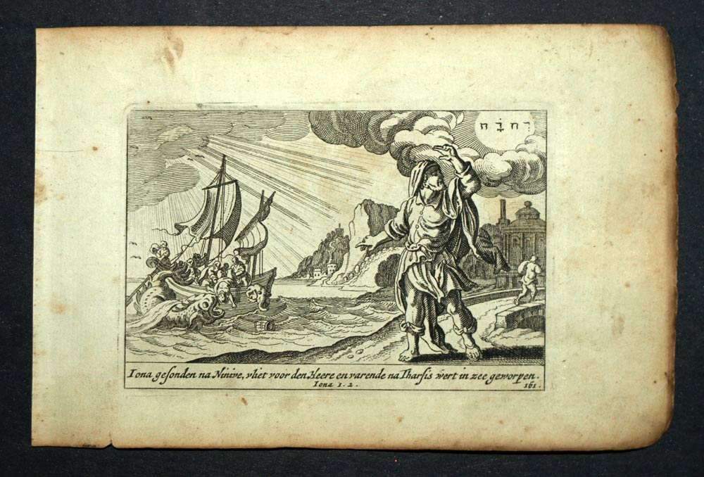 1700 Bible engraving Old Testament The Prophet Jonas takes the boat in Jaffa 