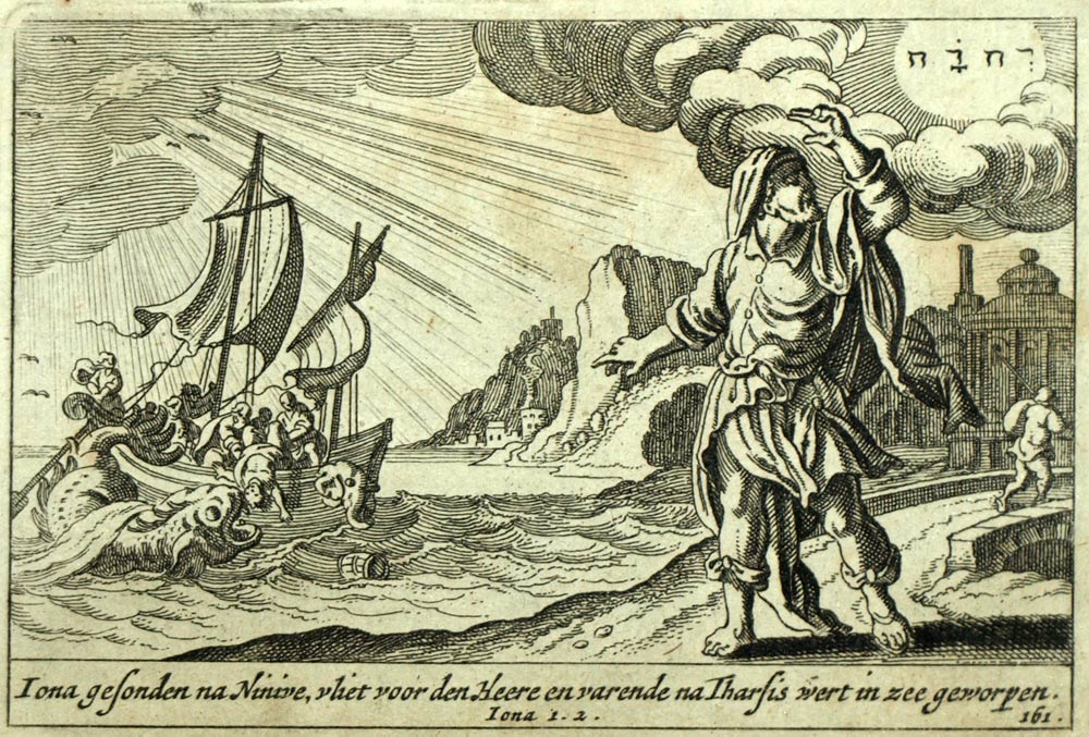 1700 Bible engraving Old Testament The Prophet Jonas takes the boat in Jaffa 