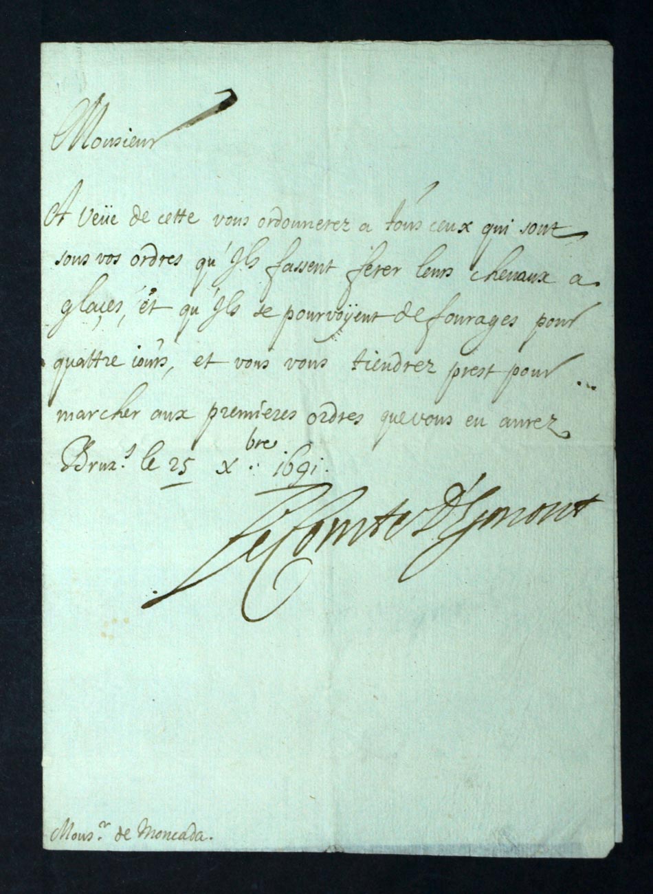 Handwritten military mail of the count of Harcourt to "Mr. de Moncada" 1691 