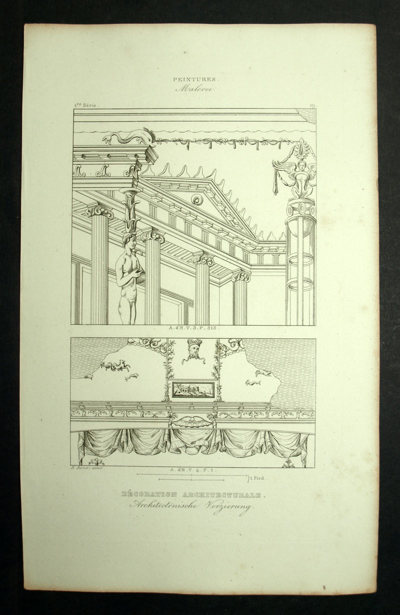 engraving Original 19th century print, Herculanum H. Roux architectural decoration 