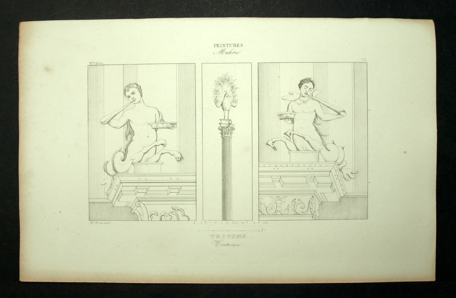 engraving XIXth, News, marine mythology figures, Herculaneum, ancient fresco 