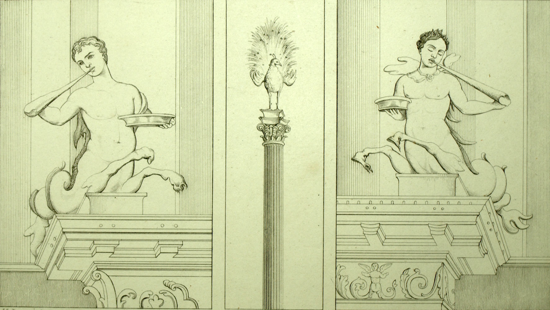 engraving XIXth, News, marine mythology figures, Herculaneum, ancient fresco 