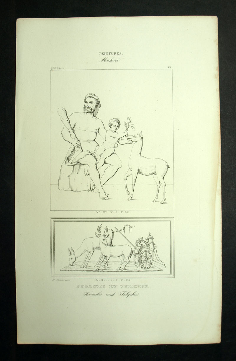 Gravure estampe XIXe, Hercule et son fils Télèphe à Herculanum, fresque antique Gravure estampe XIXe, Hercule et son fils Télèphe à Herculanum, fresque antique