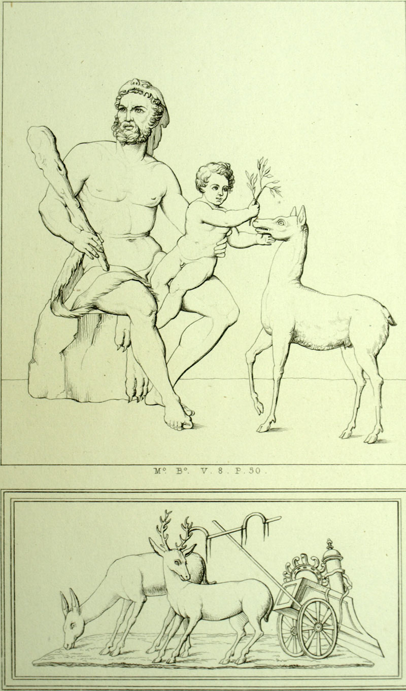 Gravure estampe XIXe, Hercule et son fils Télèphe à Herculanum, fresque antique Gravure estampe XIXe, Hercule et son fils Télèphe à Herculanum, fresque antique