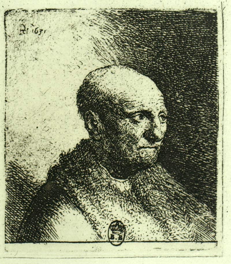 Head of an old man with a cap Water engraving of Rembrandt van Rijn 1880 