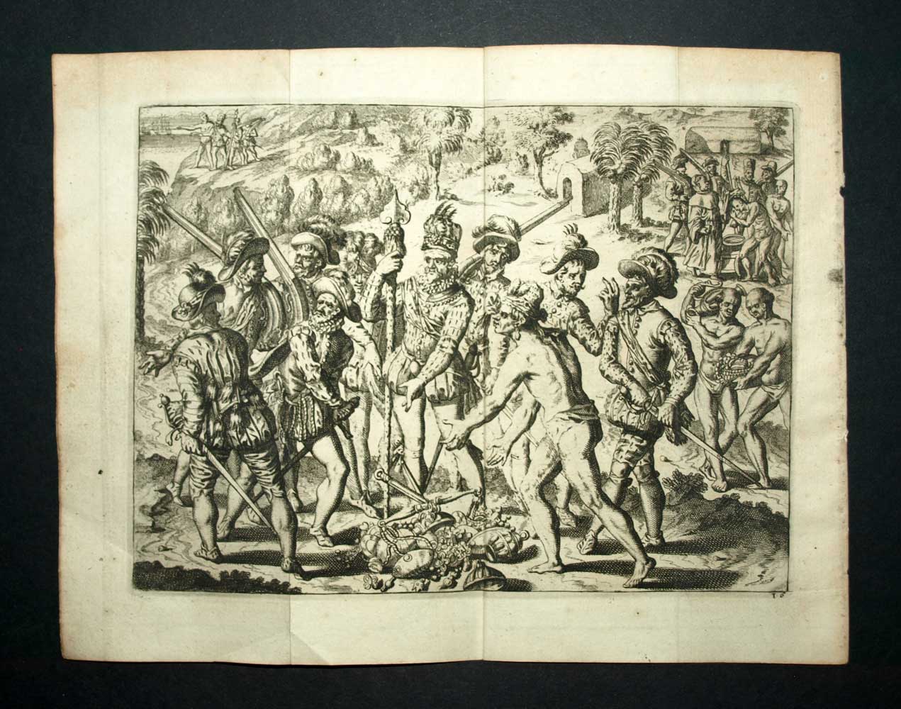 Voyage gravure de Van der Aa 1706 RENCONTRE DES ESPAGNOLS ET INDIENS D'AMÉRIQUE 
