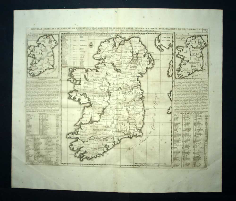 MAPPA GEOGRAFICO DELL'IRLANDA antica mappa incisione di Chatelain nel 1720 