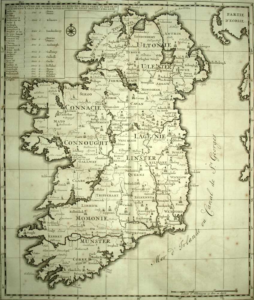 MAPPA GEOGRAFICO DELL'IRLANDA antica mappa incisione di Chatelain nel 1720 
