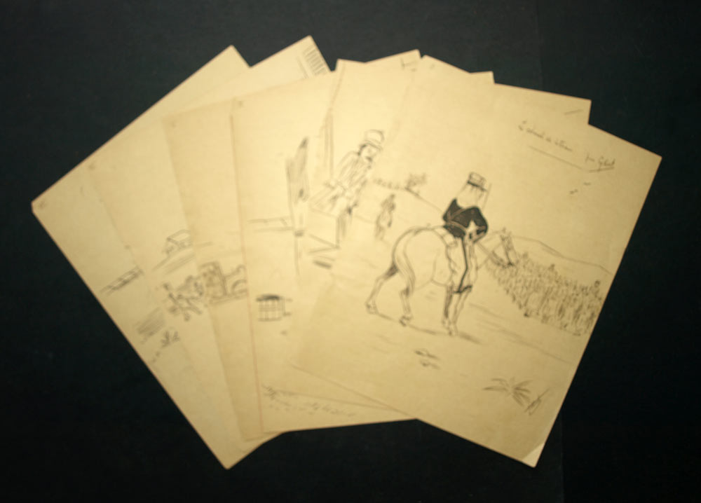 SUITE DI 6 DISEGNI ORIGINALI FIRMATI GILBERT UMORE MILITARE DEL XIX secolo 