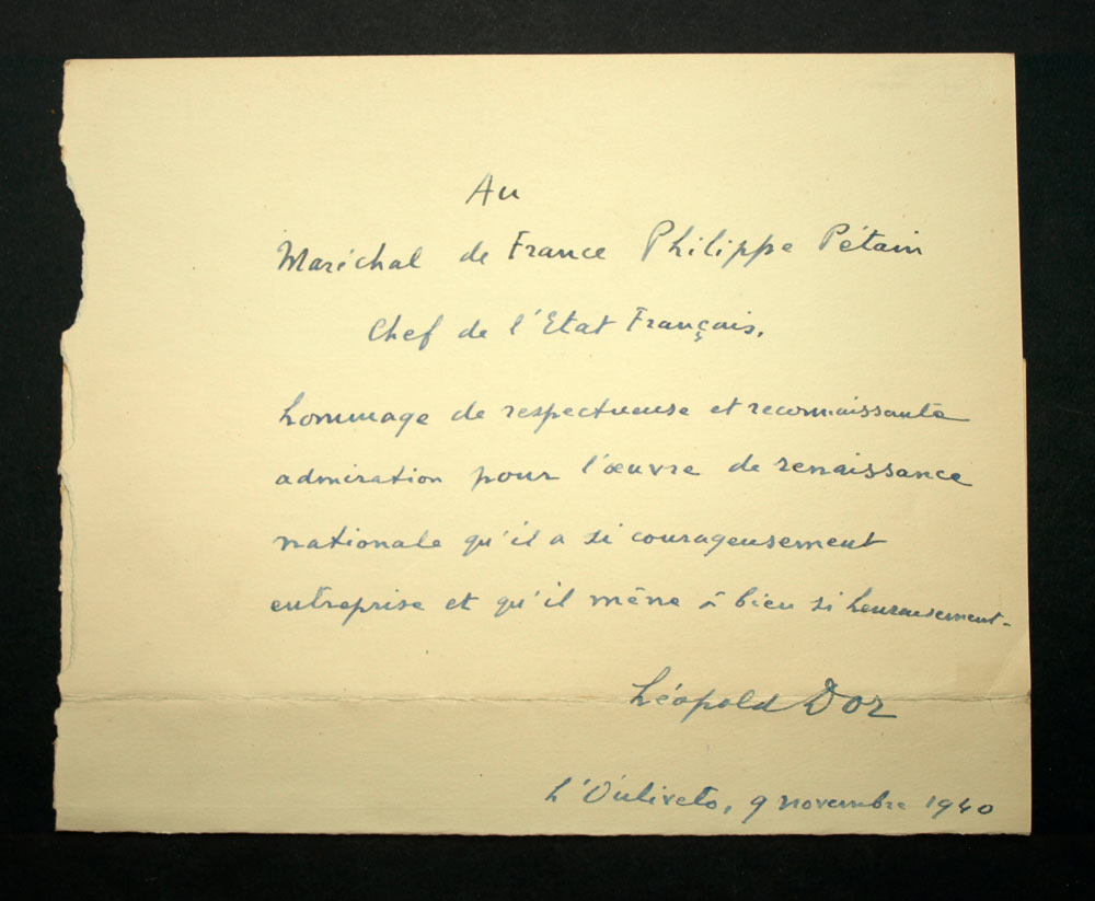 LÉOPOLD DOR, LETTRE AUTOGRAPHE À PÉTAIN, L’OULIVETO CANNES, 9 NOVEMBRE 1940 