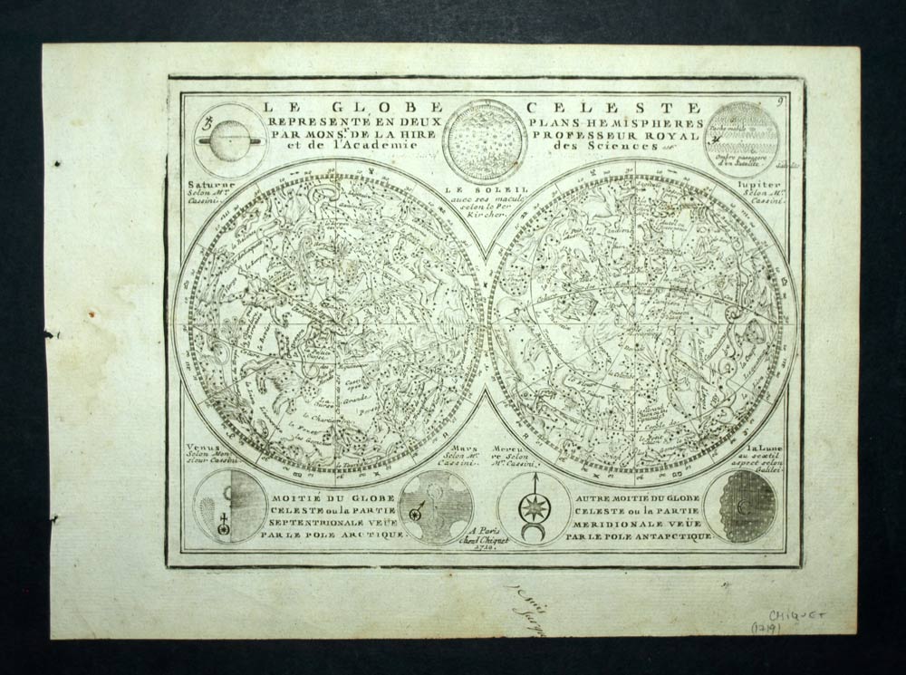 PLANISPHÈRE GLOBE CÉLESTE ET DE SES CONSTELLATION gravure de Chiquet de 1719 