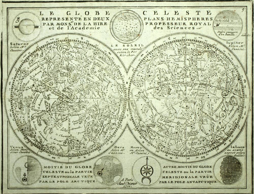 PLANISPHÈRE GLOBE CÉLESTE ET DE SES CONSTELLATION gravure de Chiquet de 1719 