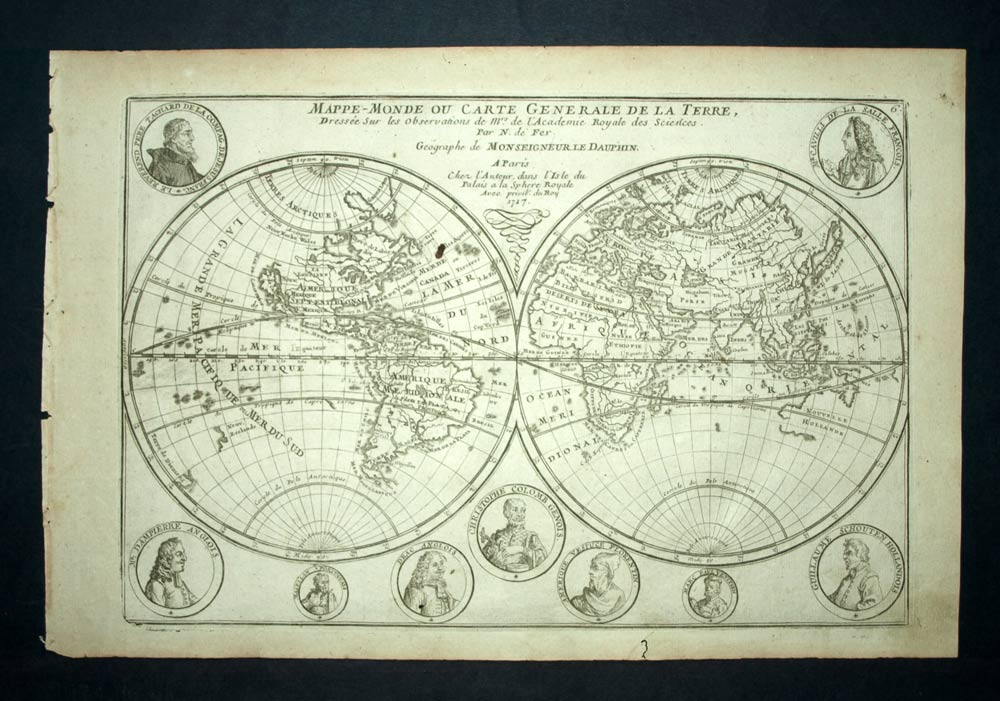 MAPPEMONDE PLANISPHERE TERRESTRE gravure l'Atlas Curieux de Nicolas De Fer 1705 