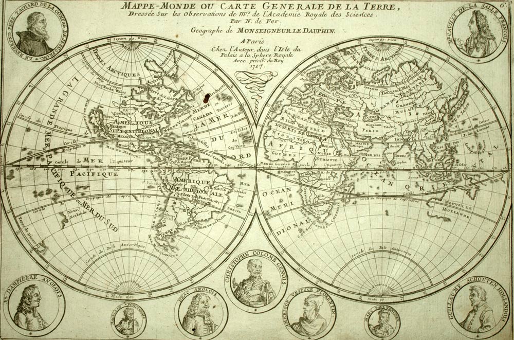 MAPPEMONDE PLANISPHERE TERRESTRE gravure l'Atlas Curieux de Nicolas De Fer 1705 