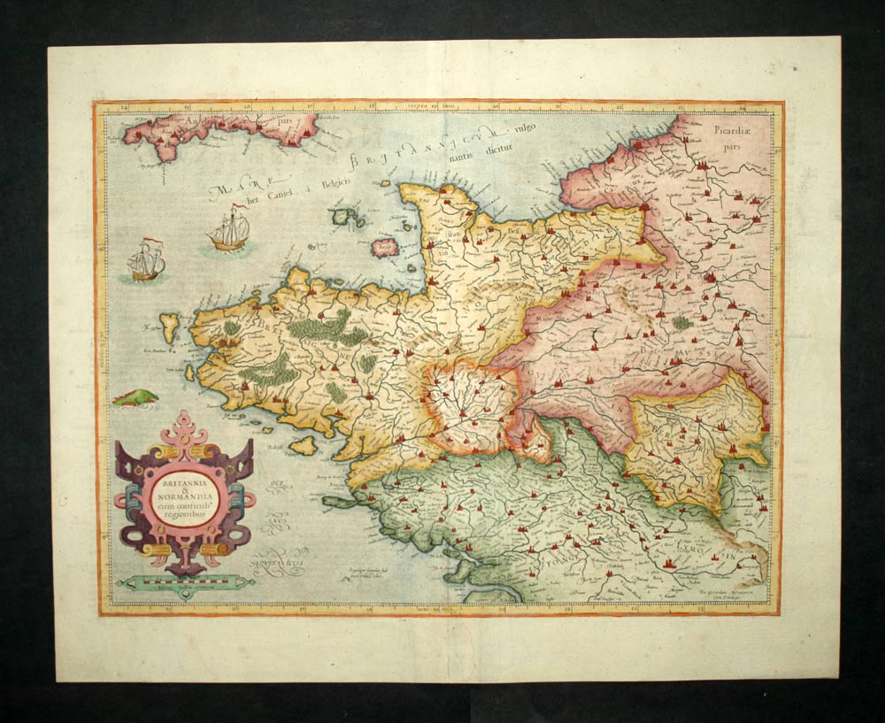 BRITANNIA & NORMANDIA, Carte géographique ancienne de Bretagne par Mercator 1585 