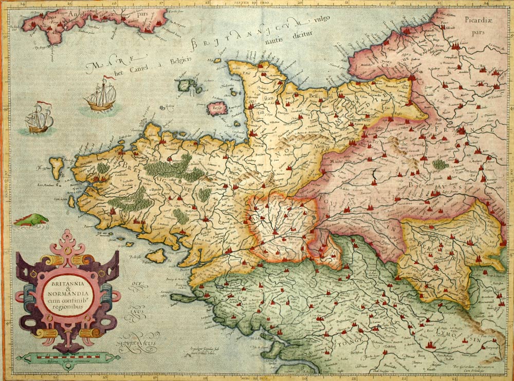 BRITANNIA & NORMANDIA, Carte géographique ancienne de Bretagne par Mercator 1585 